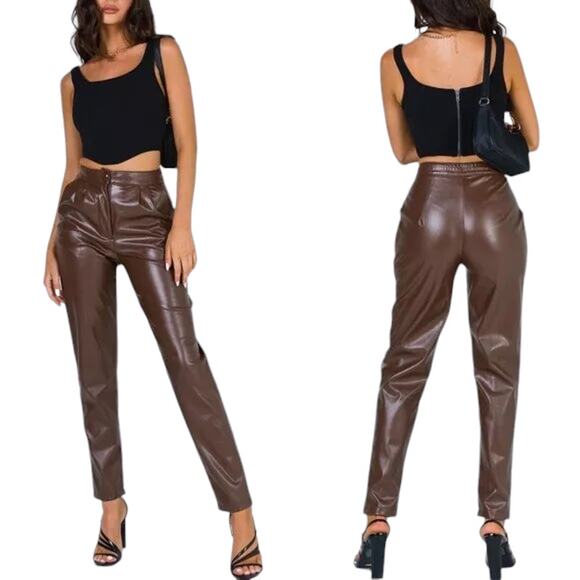 Princess Polly Brown Love Club Vegan Leather Pants - Picture 1 of 11